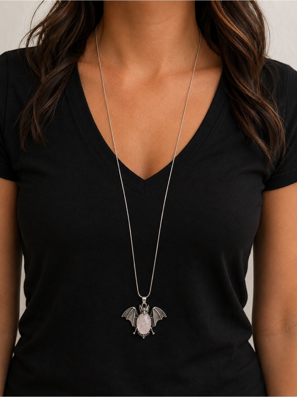Silver Bat Pendant Necklace with Quartz Accent